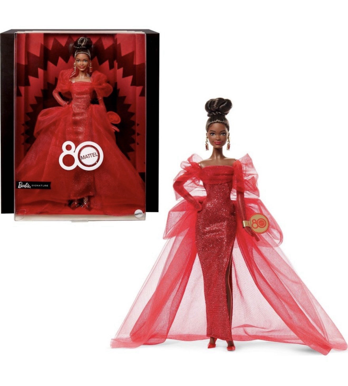 Barbie Mattel 80th Anniversary Brunette Doll, Glittery Red Tulle Gown, JBJ18 ?