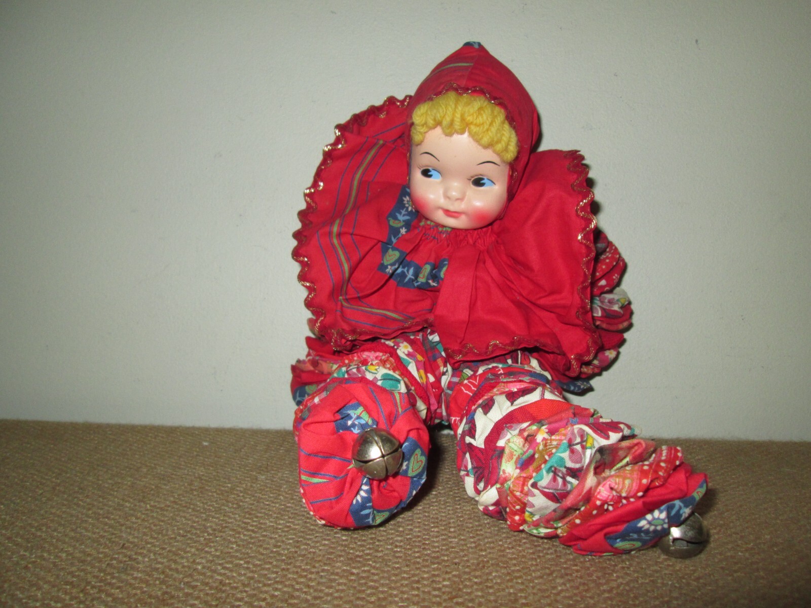 Vtg YoYo Girl Doll Fabric Circles Celluloid Hand Painted Plastic Face Bells Red