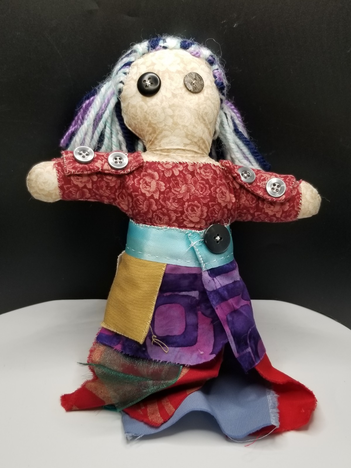 Handmade Gypsy Rag Doll Quilt Cloth Scrap Fabric Button Eyes Yarn Hair 9″