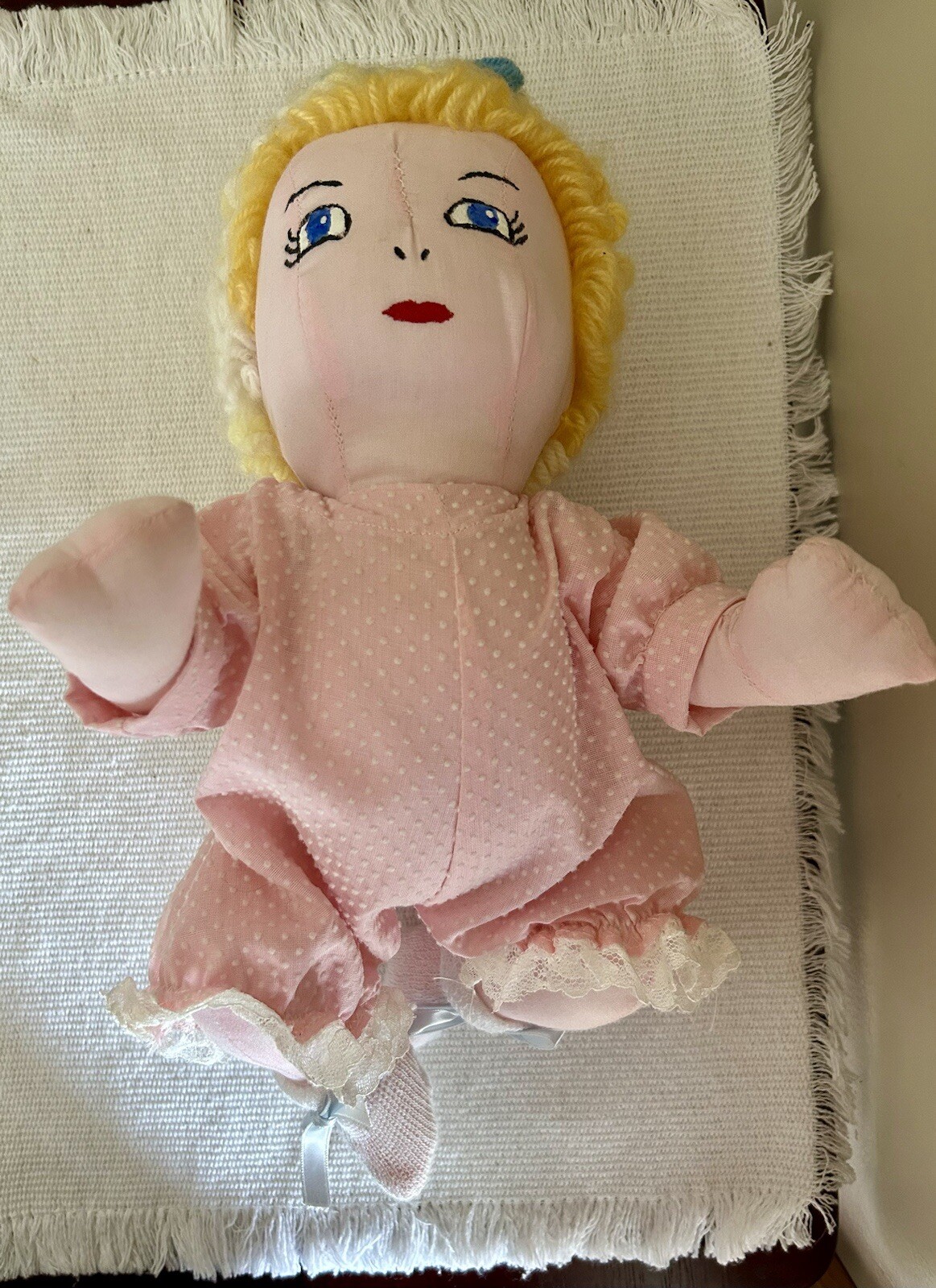 Soft Crawling Baby Doll Embroidered Face Blonde Yarn Hair Blue Eyes 7”H 11”L