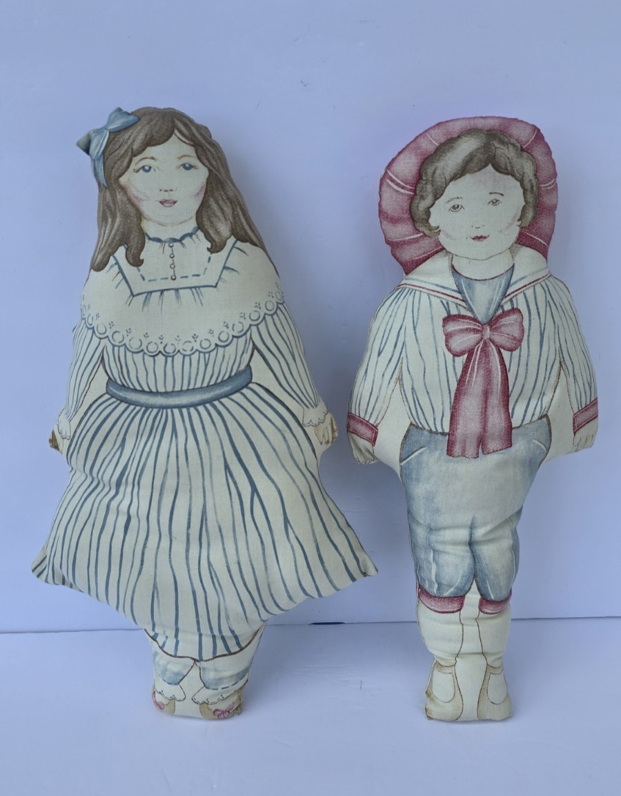 Vintage Hand Sewn Front & Back Cloth Doll Set Boy Girl Jessica Jeremy