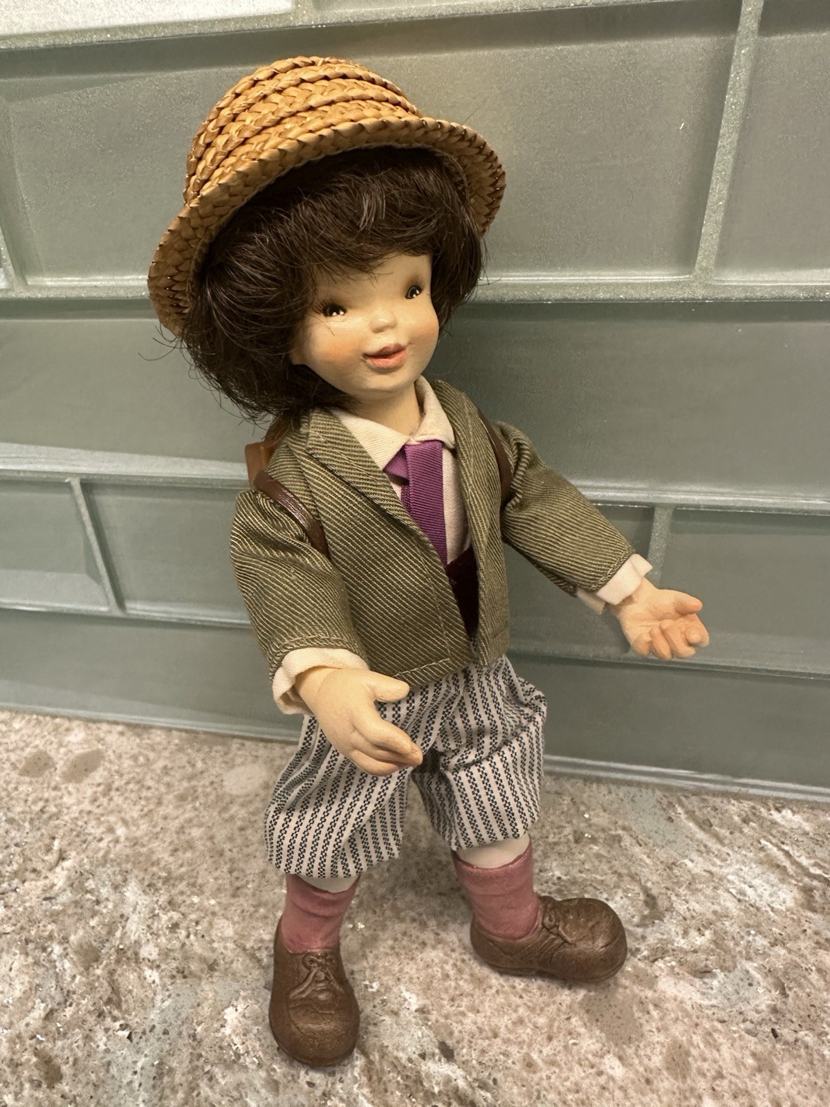 Rare Vtg Italian 7 1/2” Anri Articulated Wooden Boy Doll Backpack Ferrandiz