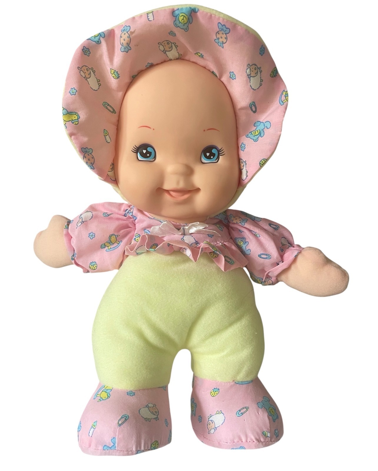 Vtg Goldberger Baby’s First Giggles Doll Plush Pink Yellow Outfit & Bonnet READ
