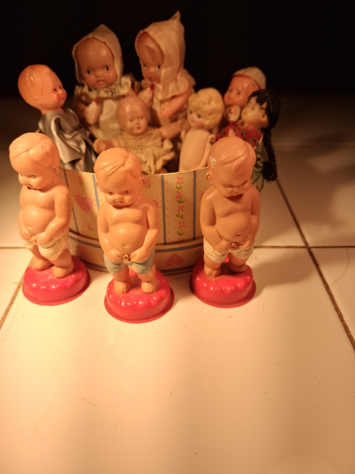 Basket Full Tiny Dolls Vtg Celluloid, Rubber, Porcelain, Hard Plastic 10 Dolls