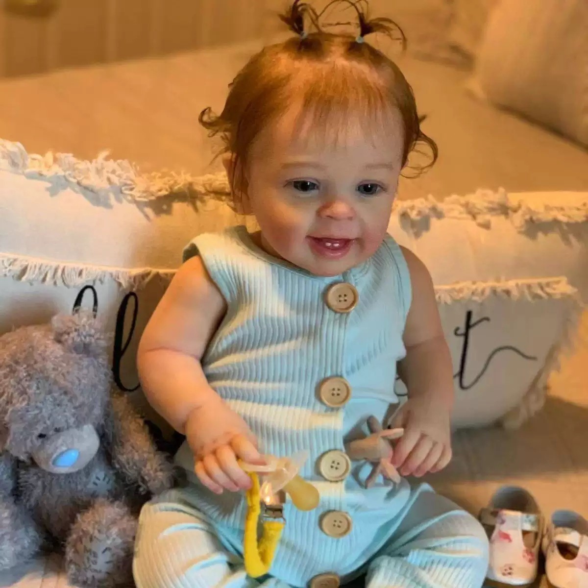 22in Reborn Smiling Doll Full Body Vinyl Girl Curly Hair Lifelike Baby Kids Gift