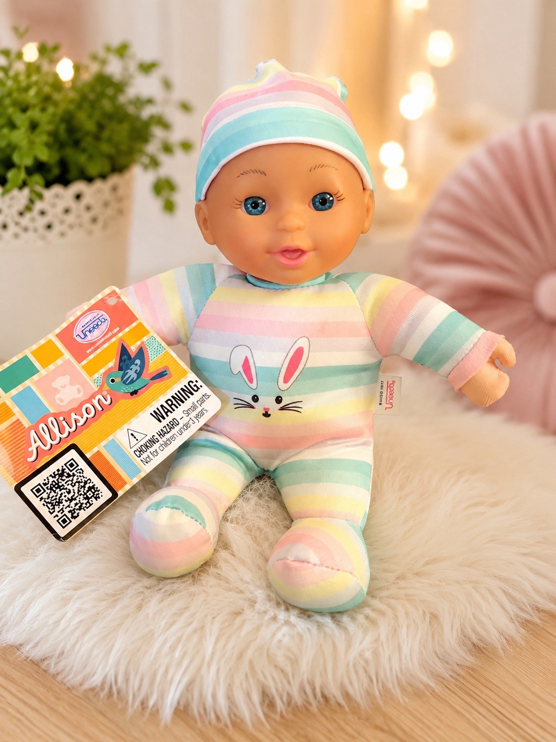 Unipak Baby Doll Soft Body Blue Eyes Rainbow Stripe Bunny Sleeper