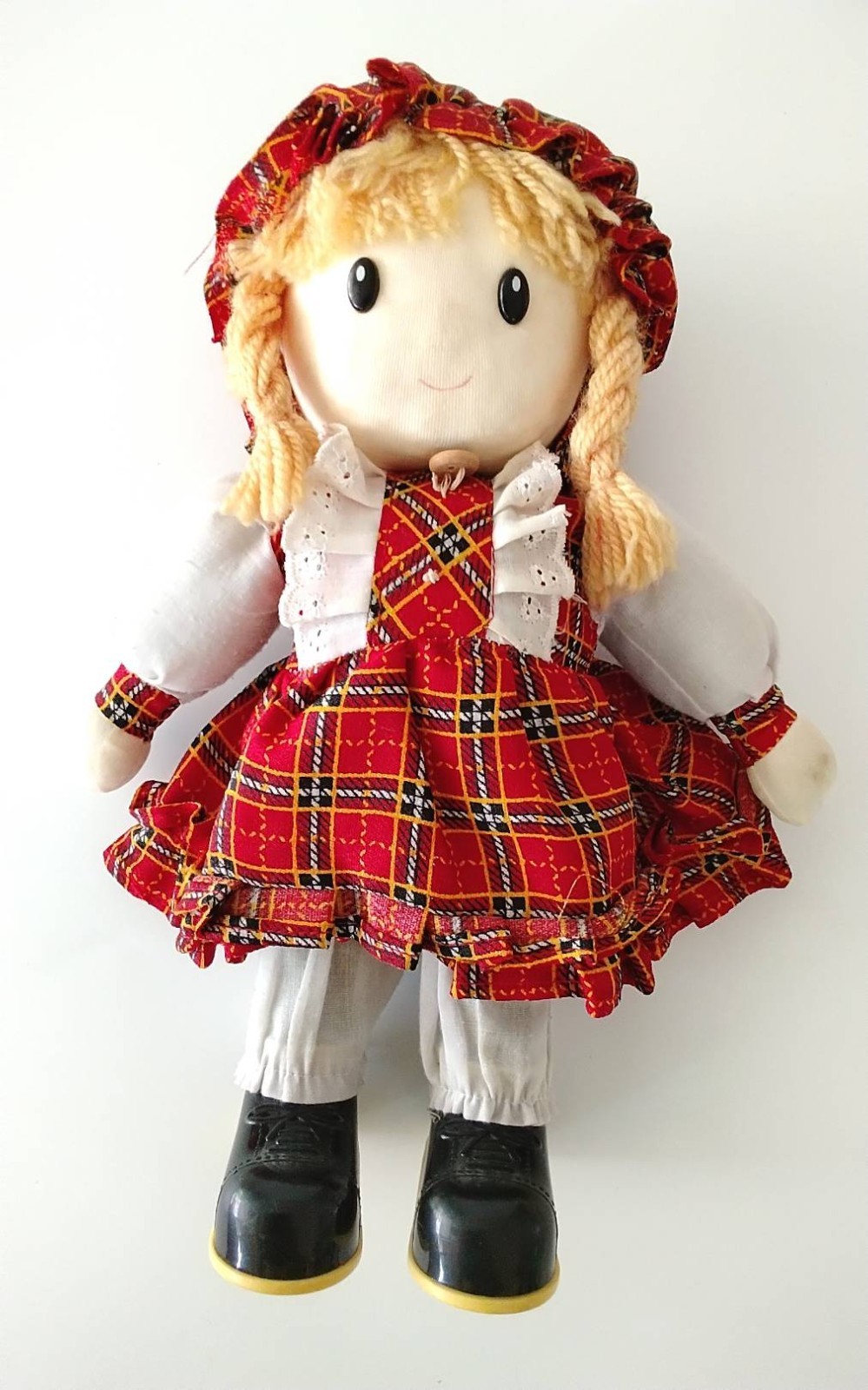 Vintage Plaid Rag Doll Fabric Stuffed Blonde Yarn Braids Red Checkered Dress 12″