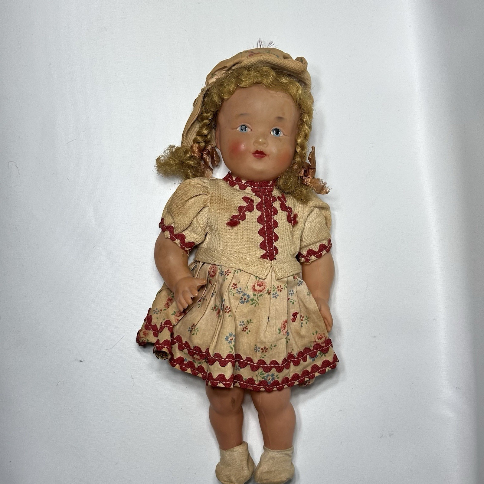 Vintage Composition Or Plastic Doll Blonde Hair Two Braids W/Ribbon Blue Eyes