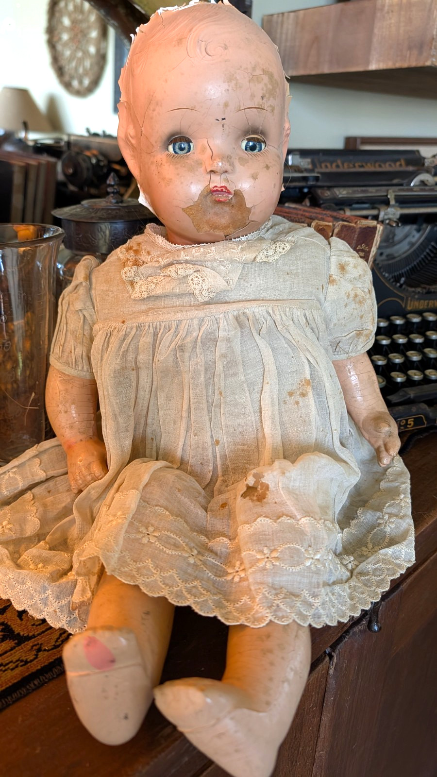 Antique Composition Creepy Doll Haunted House molded hair 20″ (E3)