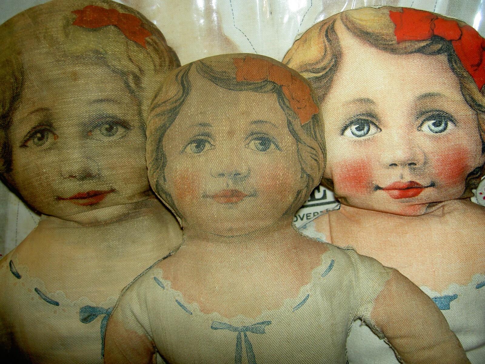 SET of 3 (three) BEAUTIFUL antique c1890s, Art Fabric Mills, printed cloth dolls