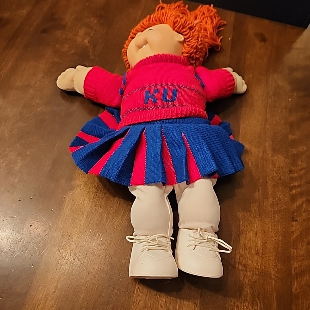 1986 Cabbage Patch Kid Red Hair Single Ponytail Tooth Knit KU Cheerleader Outfit
