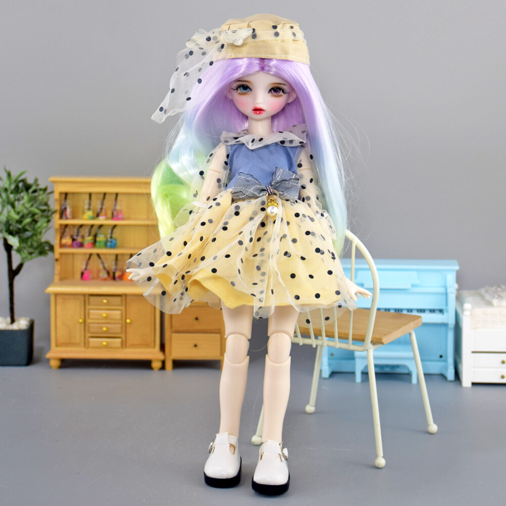 30cm Cute Girl Doll Toy Two color Eyes Makeup Face and Removable Wig Dress Shoes