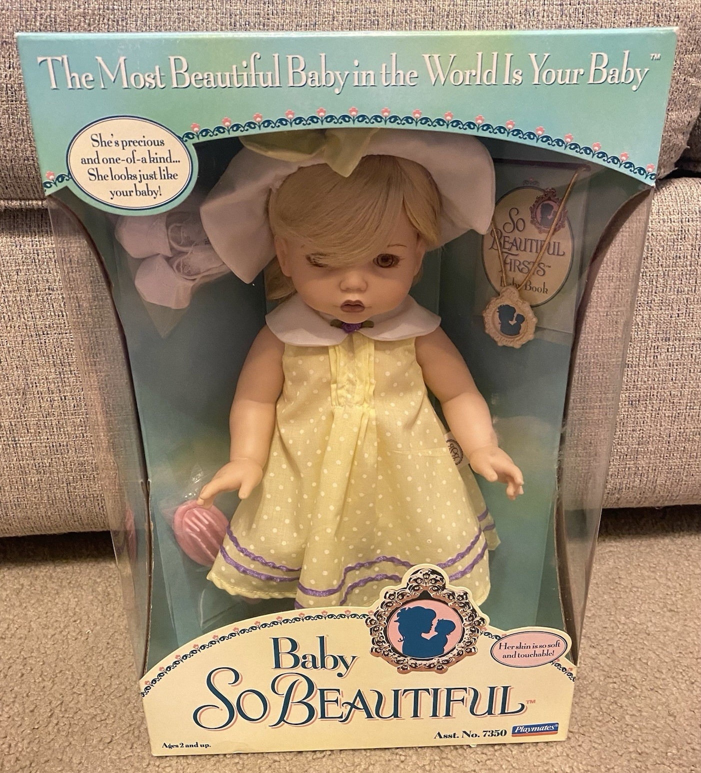 1995 VINTAGE 14″ PLAYMATES BABY SO BEAUTIFUL DOLL BLONDE HAIR YELLOW DRESS (NEW)