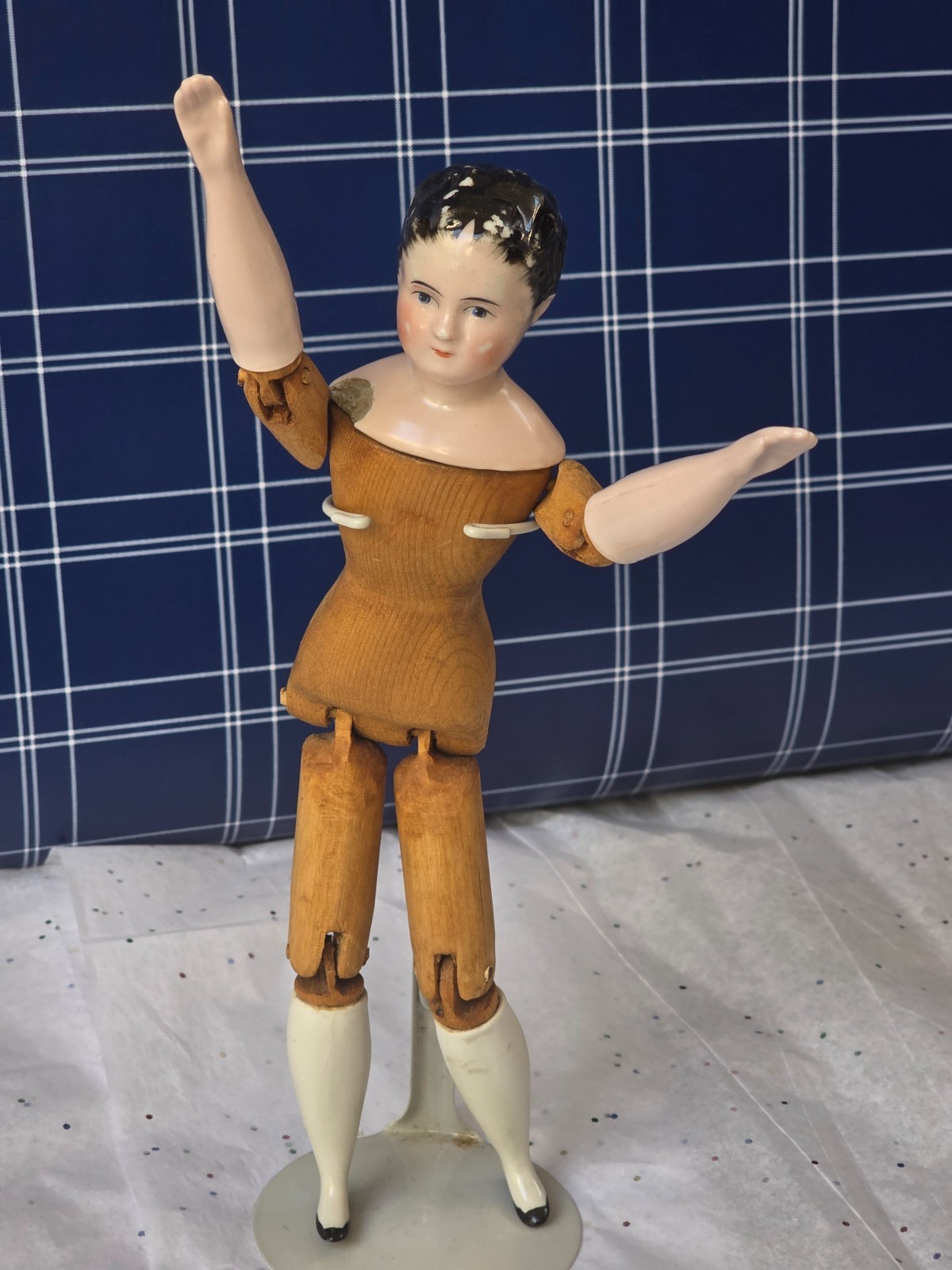Antique German China head doll 9″5/8 tall wooden doll