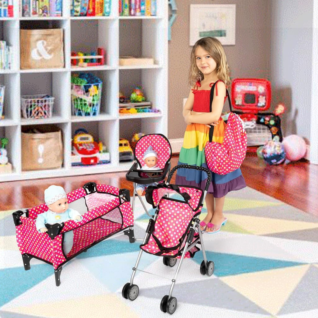 4 Piece Doll Play Set, Includes – 1 Pack N Play. 2 Doll Stroller 3.Doll High Cha