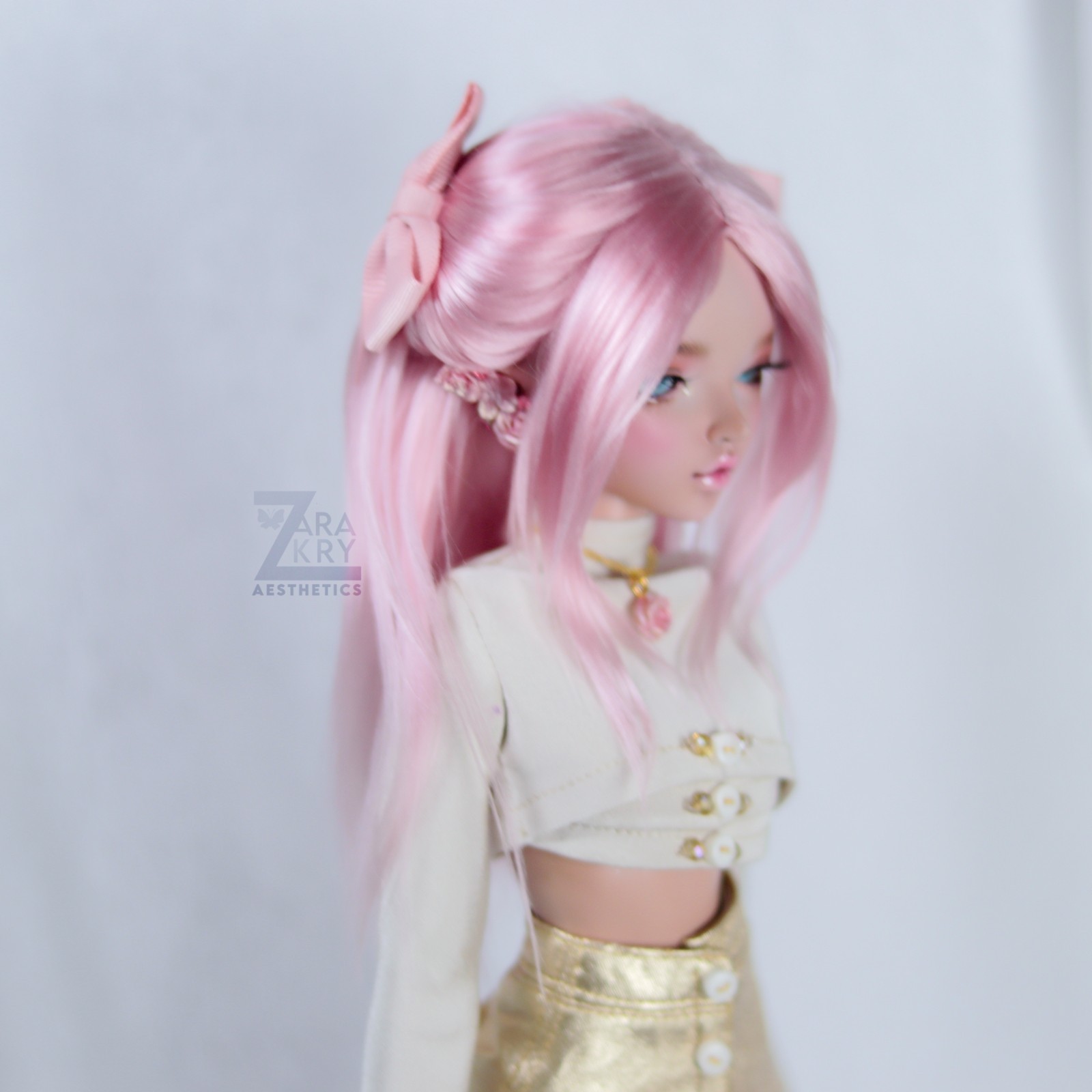 Minifee BJD Wig MSD pink with ribbon fits 6-7 and 7-8 inch stretchy for snug fit