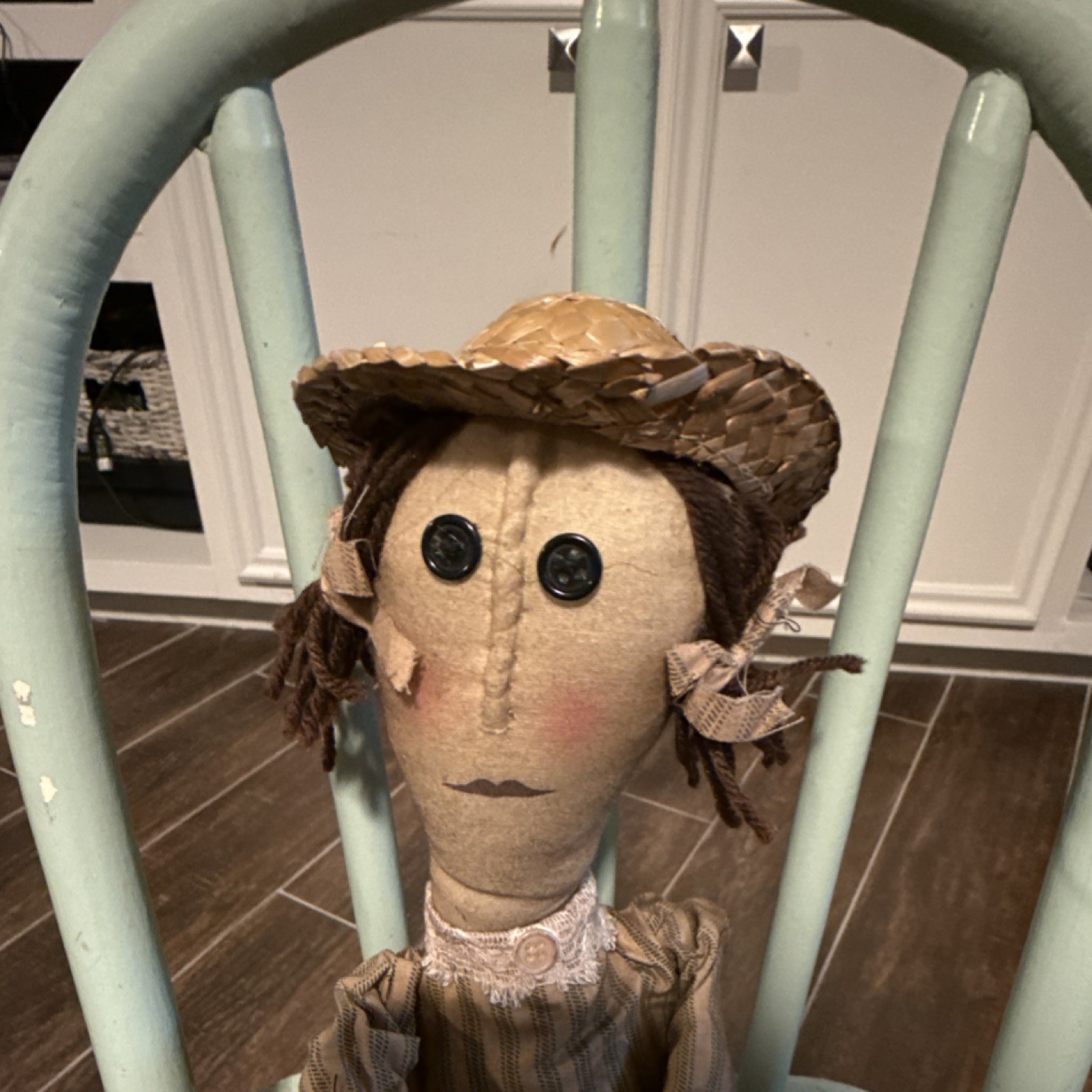 Vintage Rag & Cloth Doll, Brown Yarn Hair, Straw Hat, Striped Dress