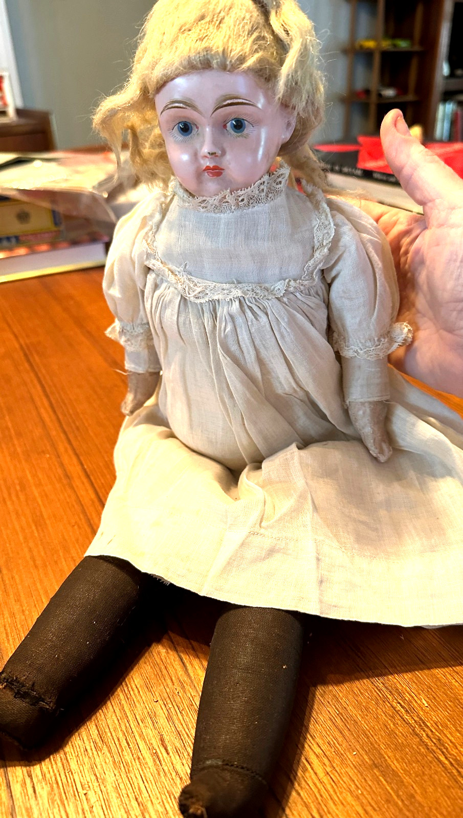 OLD 17″ Bisque HORSEHAIR Composition Cloth Sawdust German Doll Shoes As Is