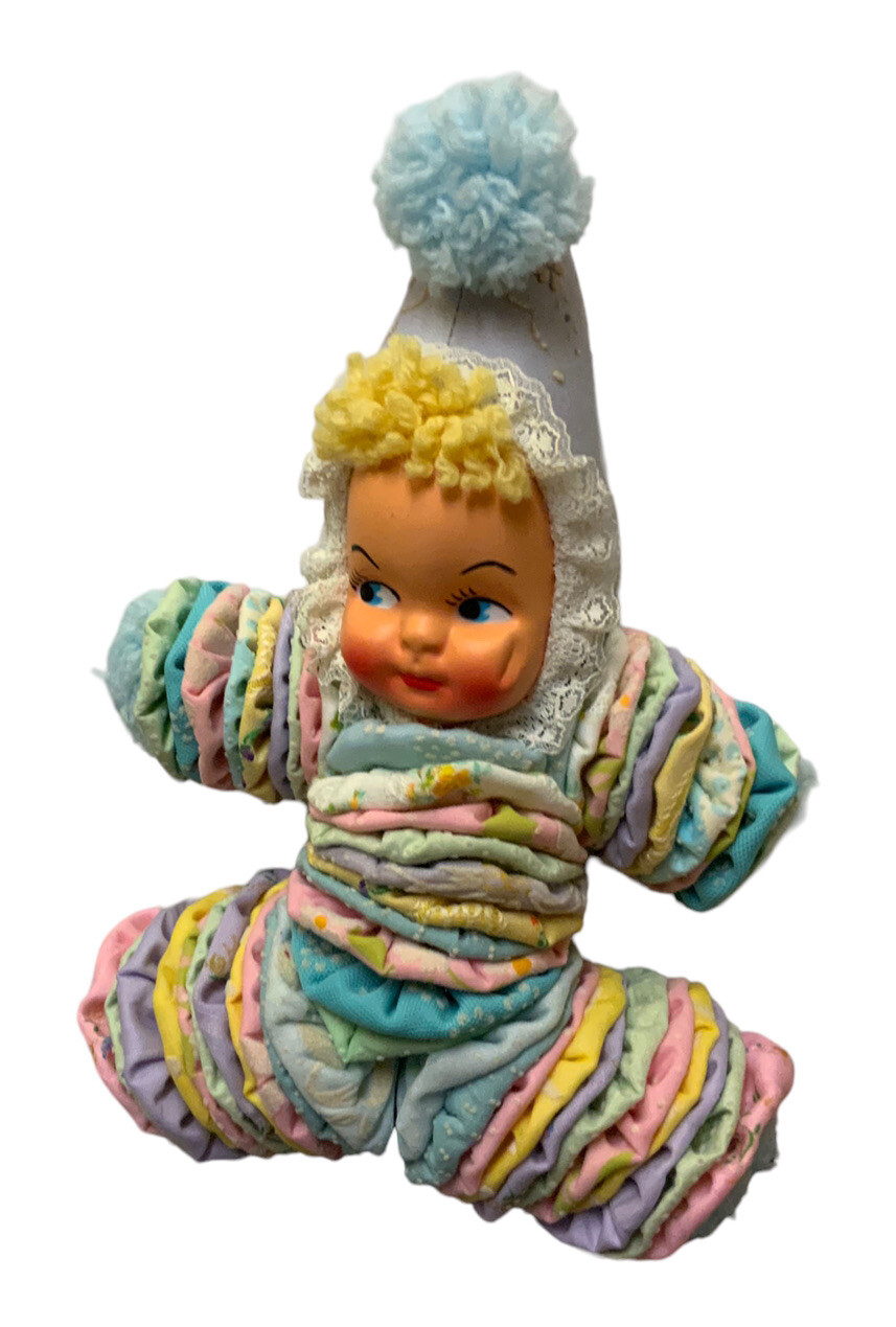 Vintage Handmade Yoyo Doll Round Fabric Pom Pom Hands Feet Plastic Face 10”