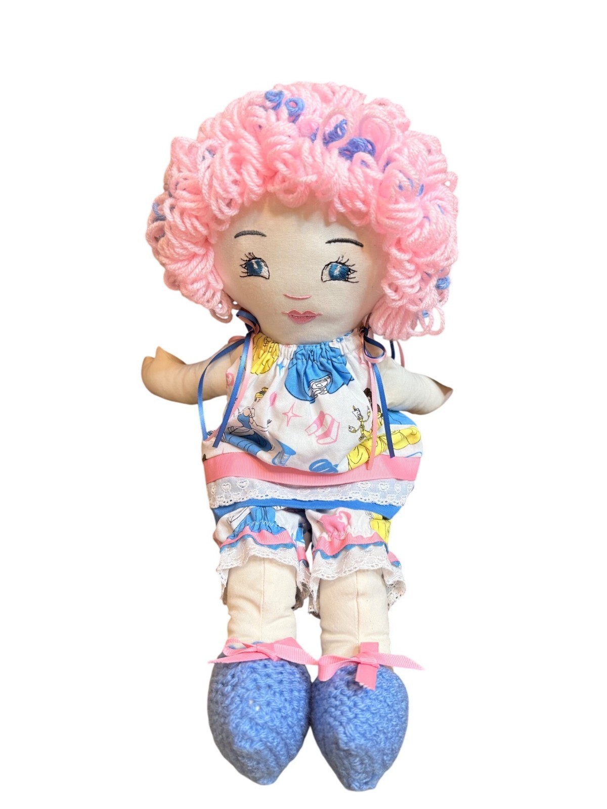 Handmade Soft Rag Doll Disney Princess Printed Fabric Curly Pink Yarn Hair gift