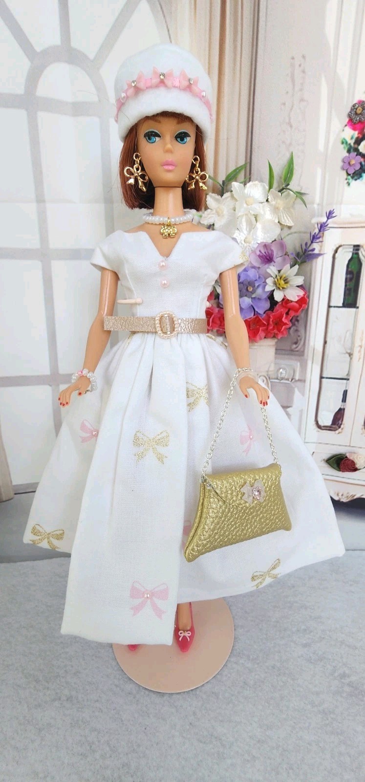 HANDMADE FOR BARBIE DOLL CLOTHES WHITE WITH BOWS PRINT DRESS SET