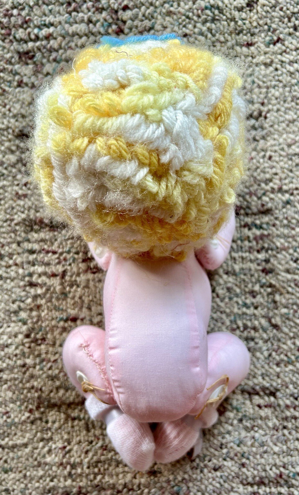 Soft Crawling Baby Doll Embroidered Face Blonde Yarn Hair Blue Eyes 7”H 11”L