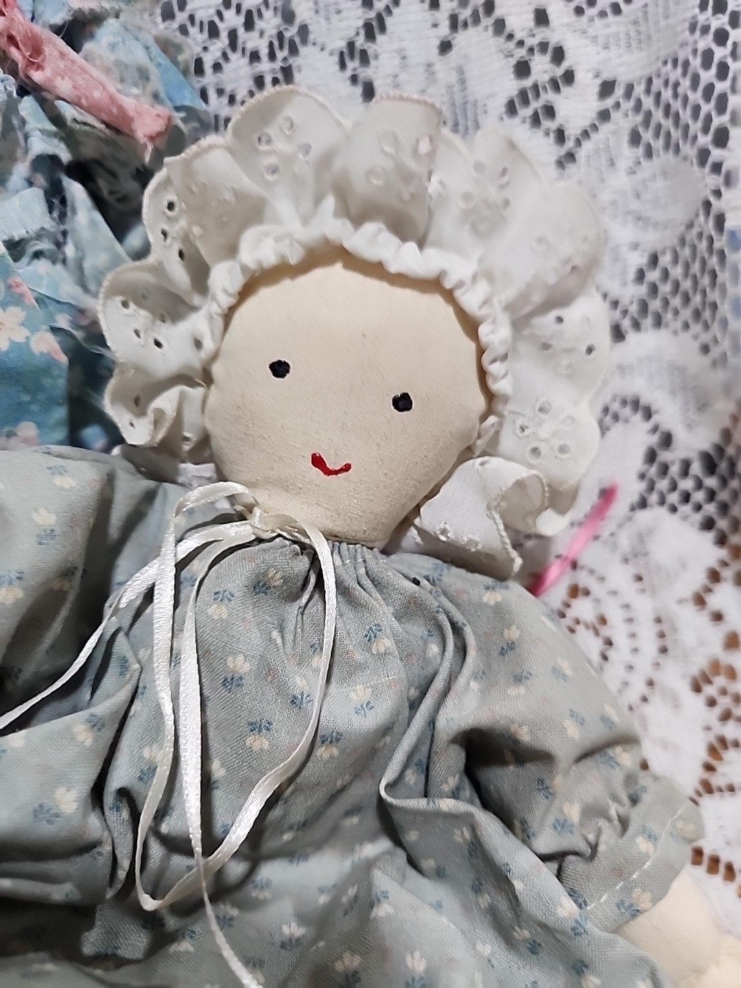 Two Vintage Handmade Cloth Rag Dolls Soft Body with Bonnets Ruffles & Bows