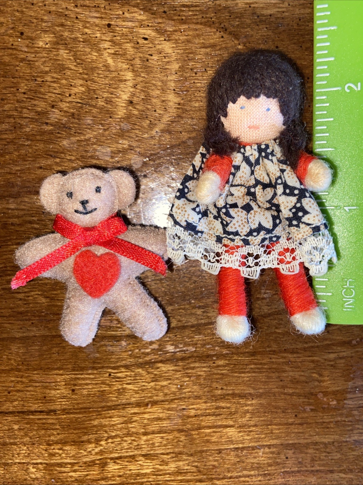 Halfpenny Miniature Yarn Wrapped Brunette Girl Doll 2” W/ Teddy Bear Both Pins