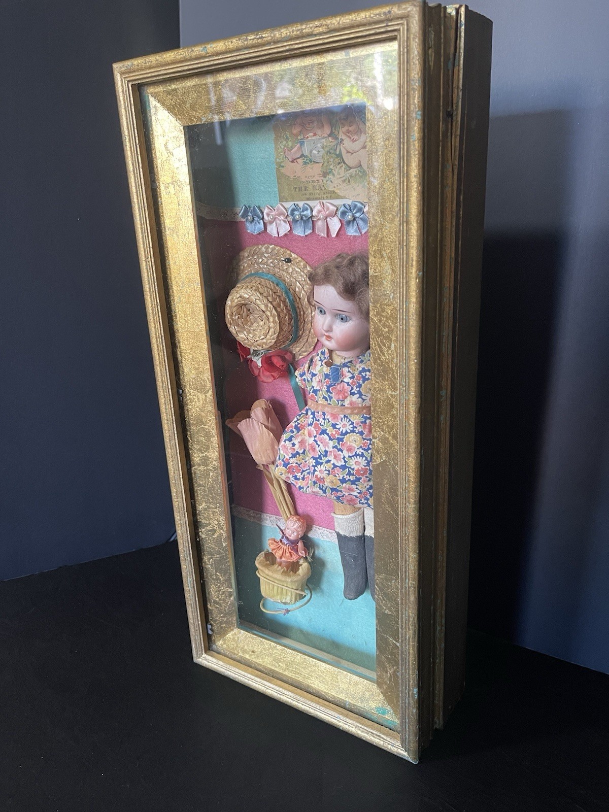 Antique Schoenau & Hoffmeister Bisque Head Doll Shadowbox Display Folk Art