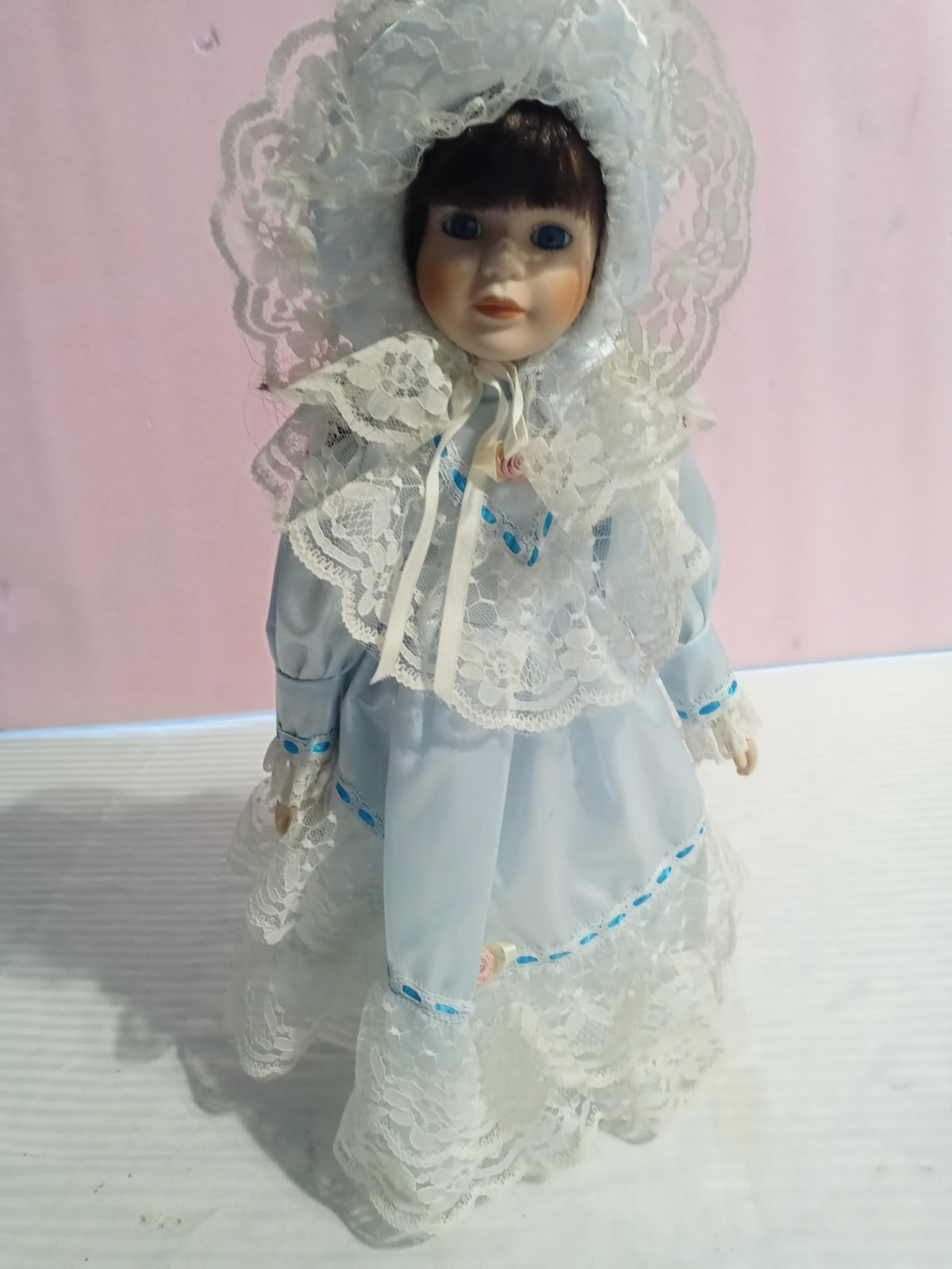 12 in Porcelain Girl Doll, Brown Curly Hair Brown Eyes, Blue Lace Dress Bonnet