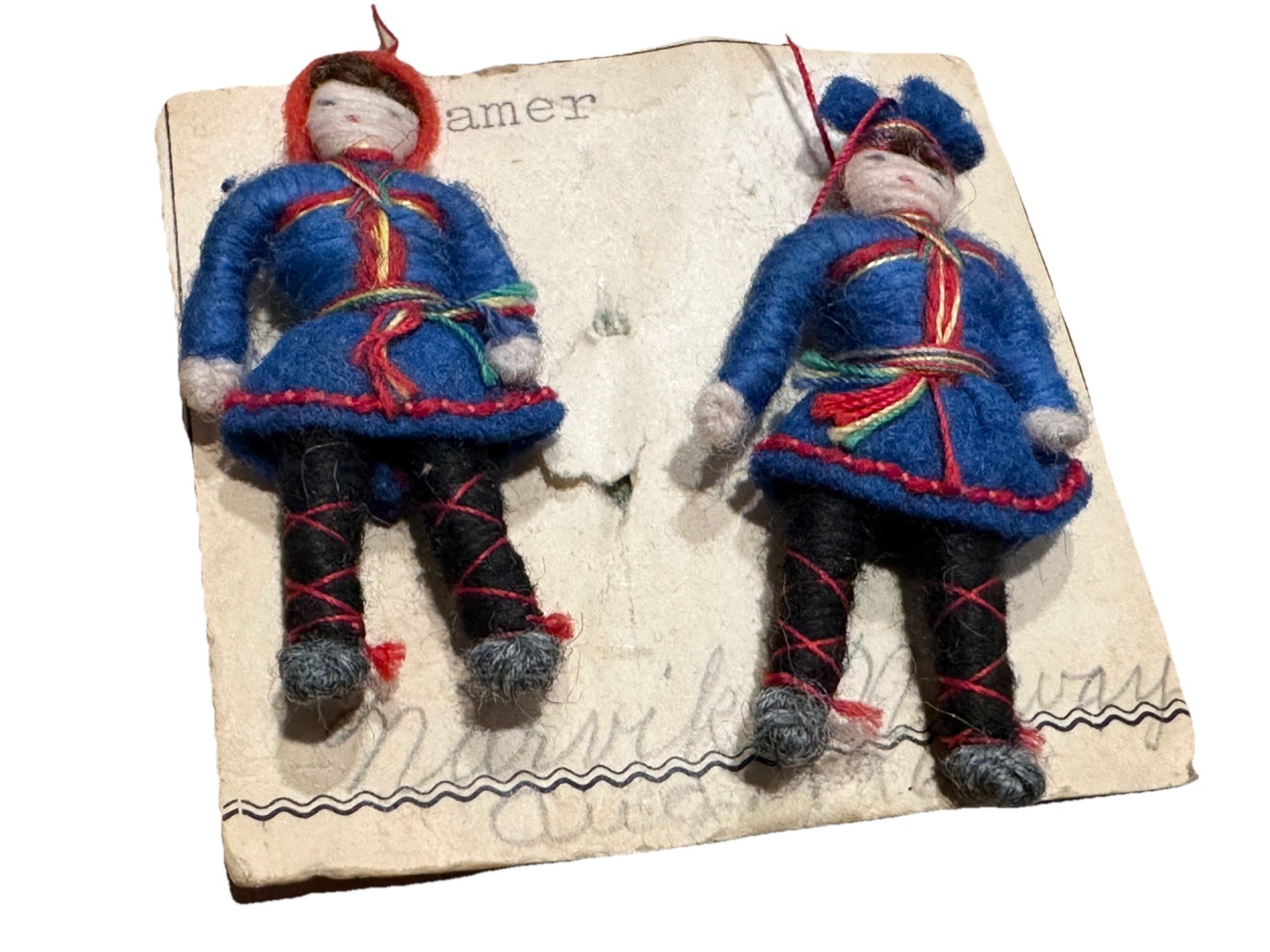 VTG 1962 Norwegian Fabric String Thread 2” Folk Dolls Boy Girl Narvik Norway