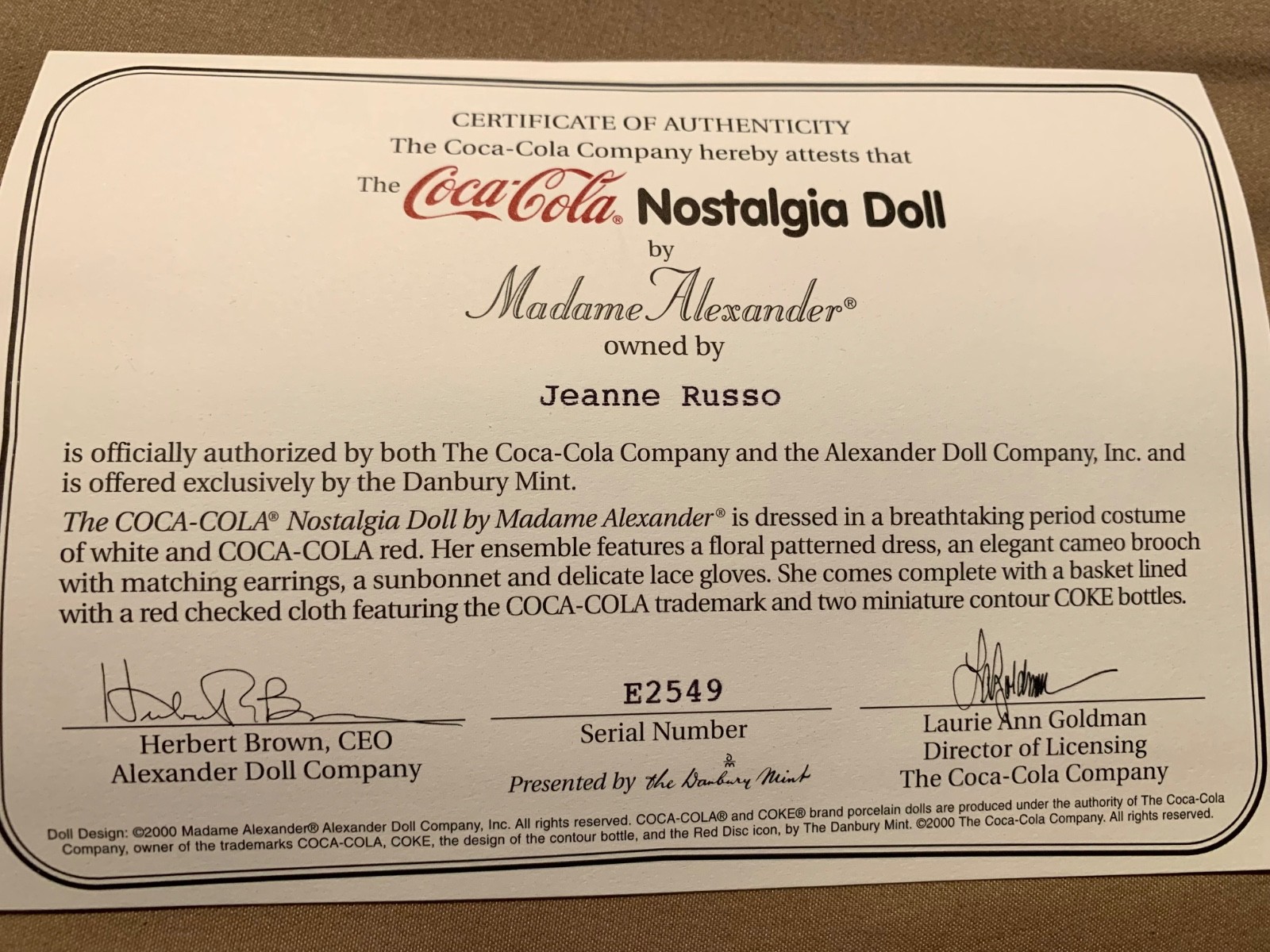 Madame Alexander Coca-Cola Nostalgia Doll Danbury Mint w/ COA Box Stand 2000