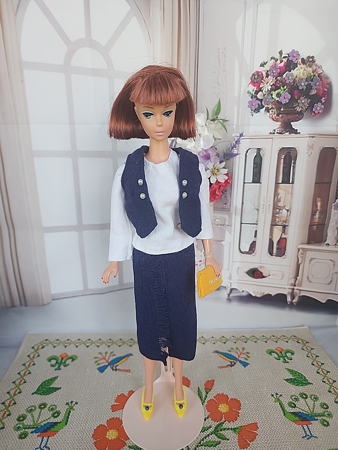 HANDMADE FOR BARBIE DOLL CLOTHES NAVY BLUE & WHITE SKIRT SET WITH VEST