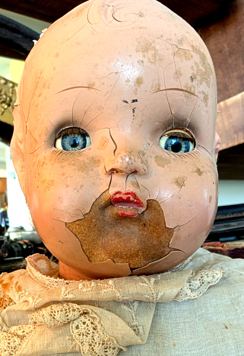 Antique Composition Creepy Doll Haunted House molded hair 20″ (E3)