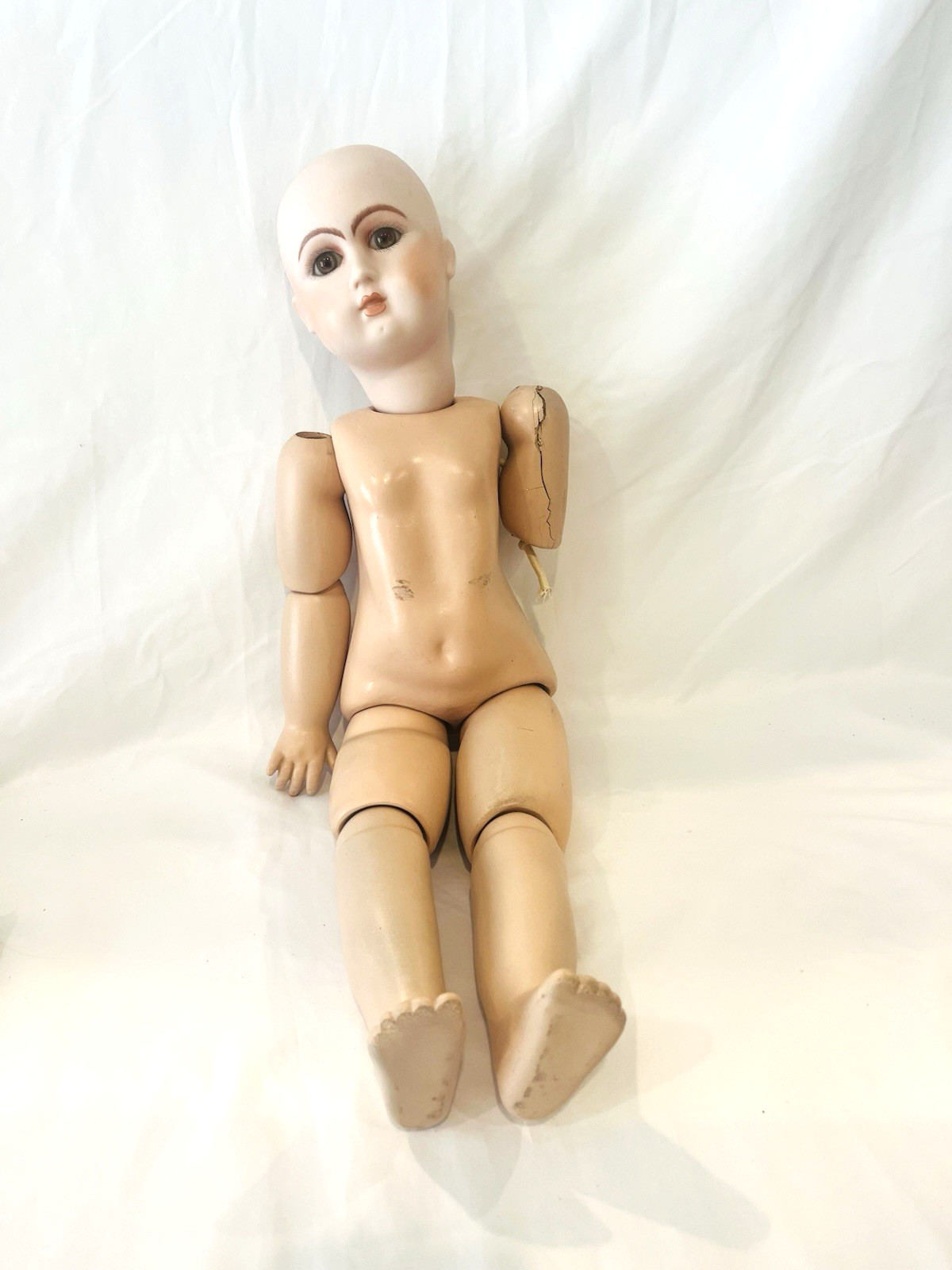 Ball Jointed Composition Doll Body with Broken Arm & Bisque Head Parts 22″