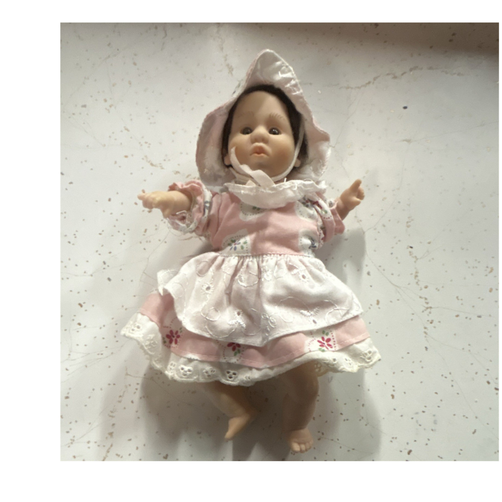 Soft Body Cloth Baby Doll Light Complexion Dark Brown Hair Pink Dress & Bonnet