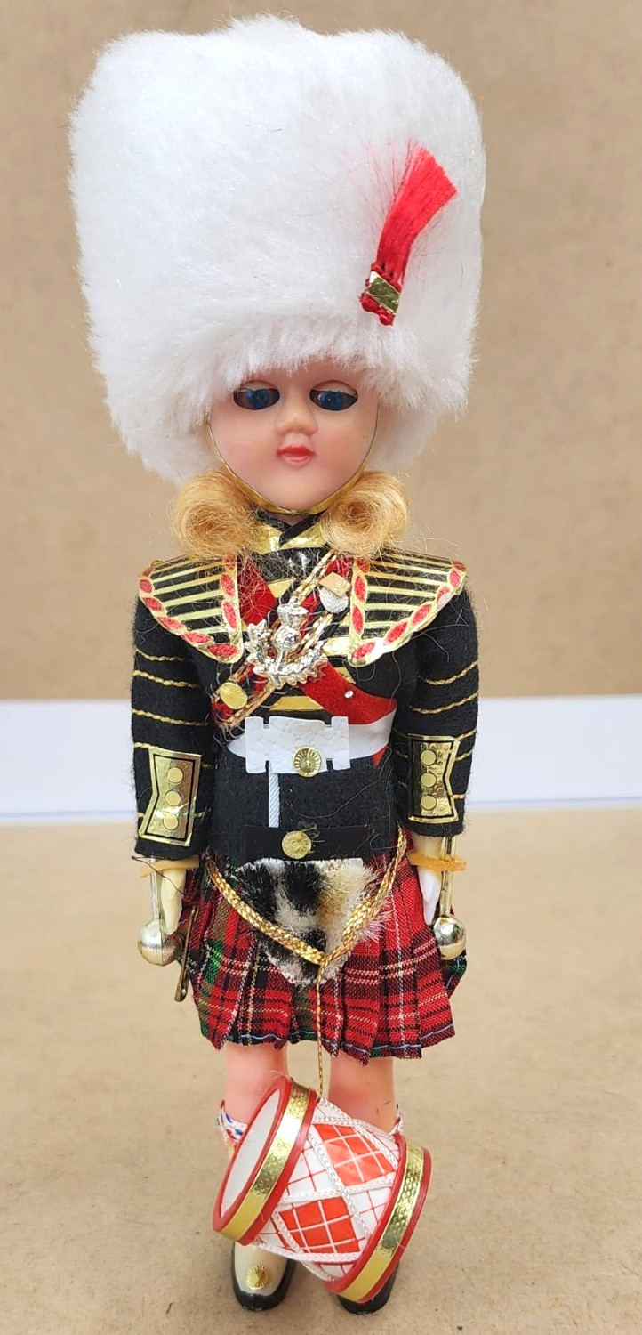 Vintage Scottish Souvenir Doll Kilt Outfit Bearskin Hat Miniature Drum Retro
