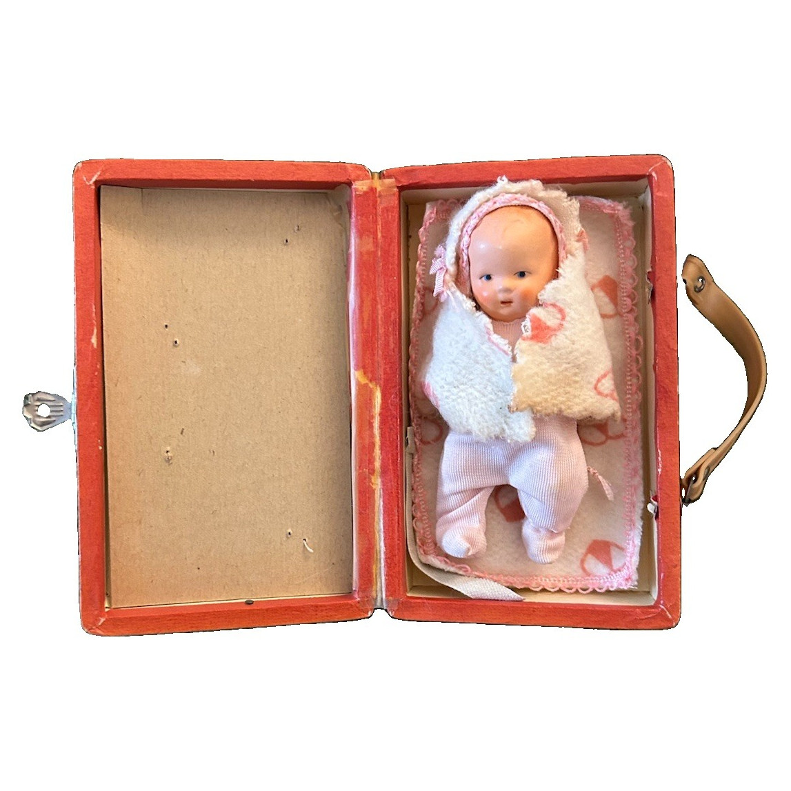 Vintage German Miniature 3.5″ Bisque Baby Doll in Red Travel Suitcase Trunk Set