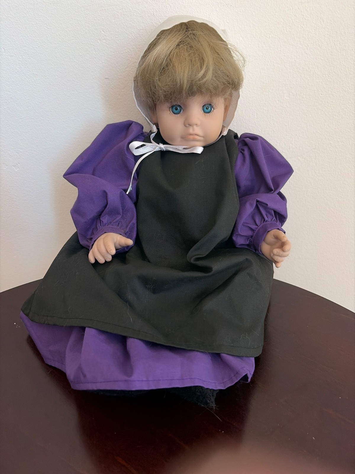 17” Handmade Amish Girl Cloth Doll Purple Dress Black Apron & Bonnet mennonite