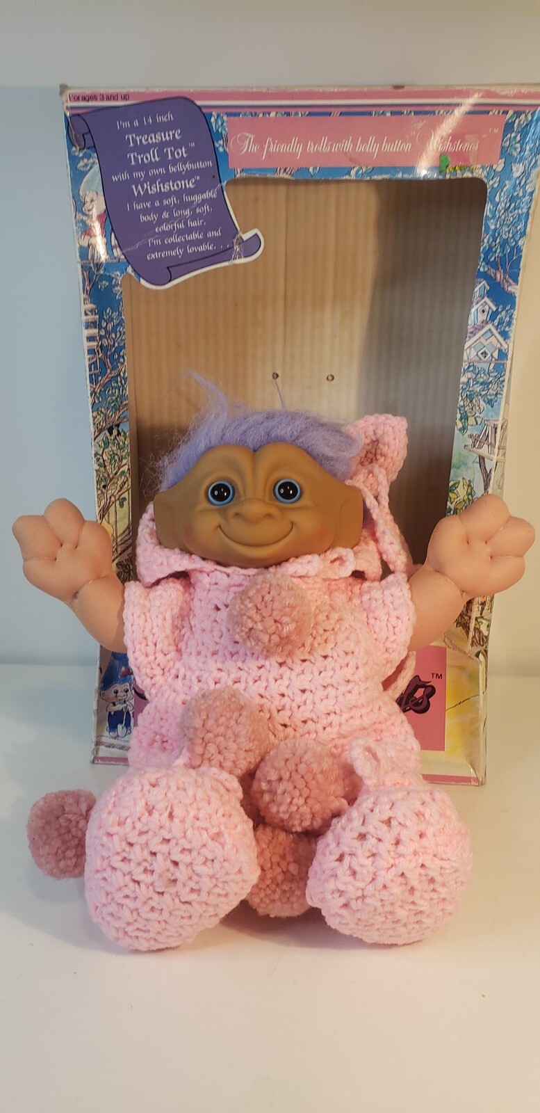 1991 Treasure Troll Tot 14″ Doll Bellybutton Wishstone Pink Pig Outfit Vintage