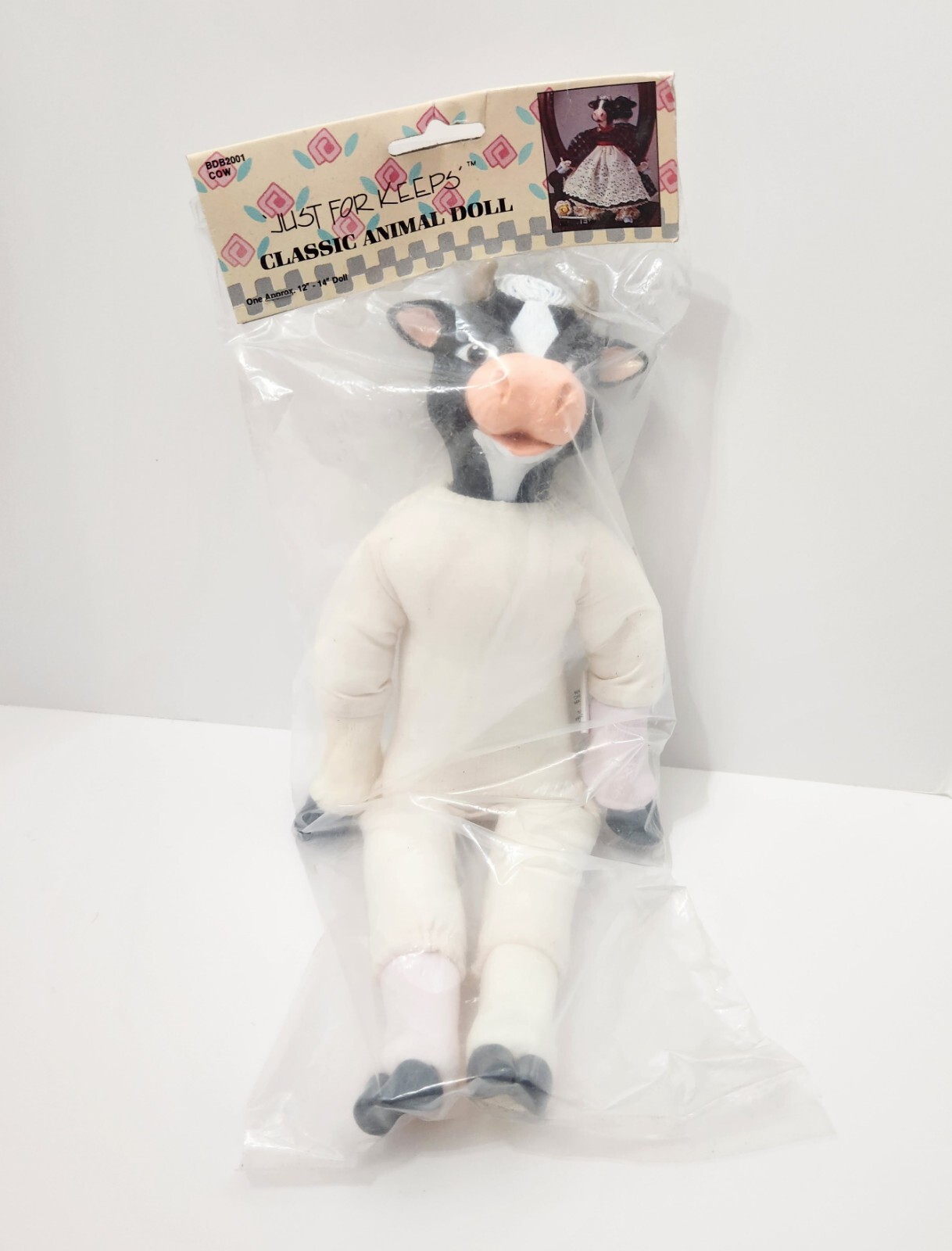 Vintage Just For Keeps Classic Animal Doll Plush Body Black White Cow 14″