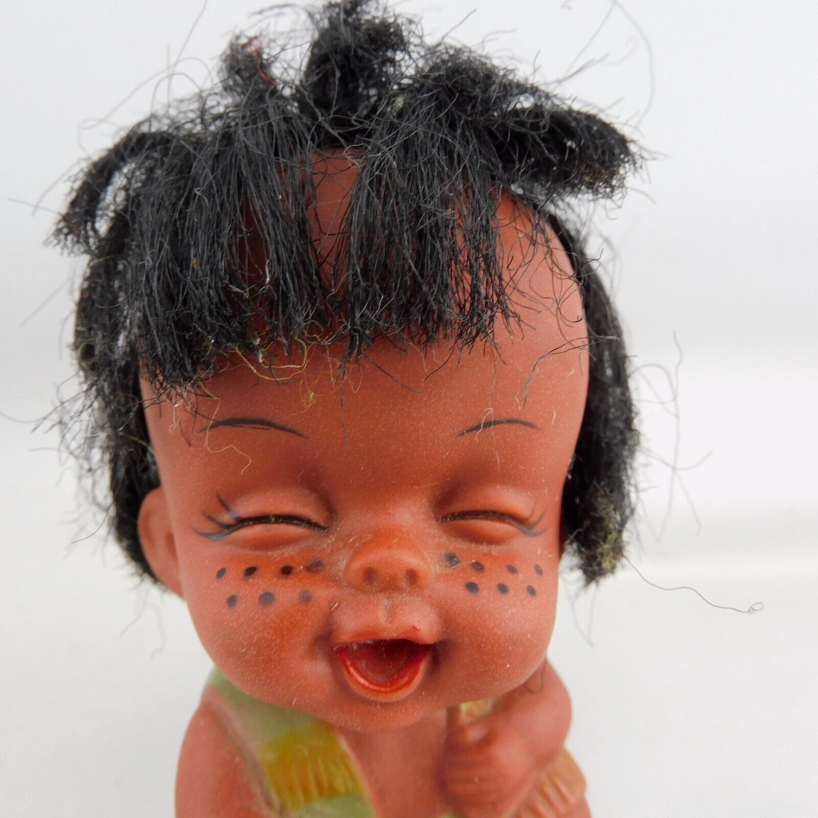 Vtg Moody Cutie Brown Skin Rubber Doll Laughing Emotion Doll Freckles 3.5″ 1960s