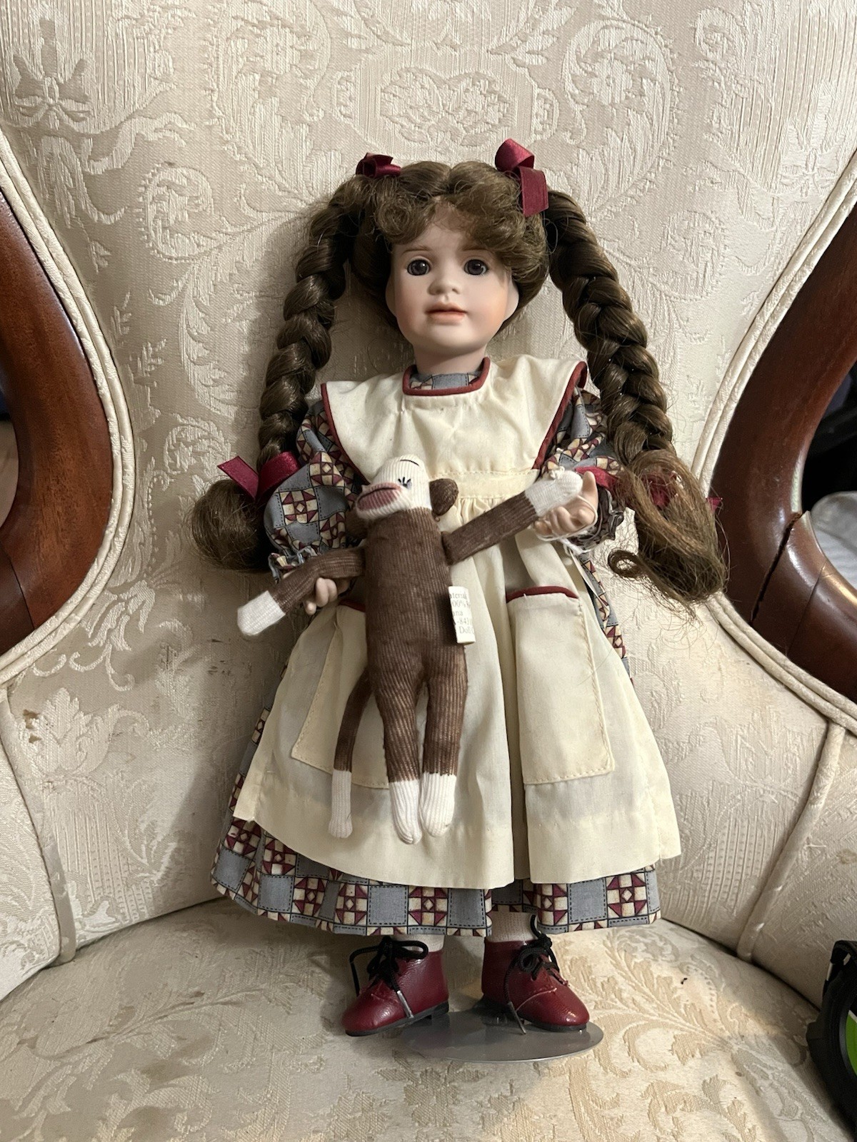 17 in Porcelain Girl Doll Light Complexion Brown Curly Hair Stand Monkey 1992