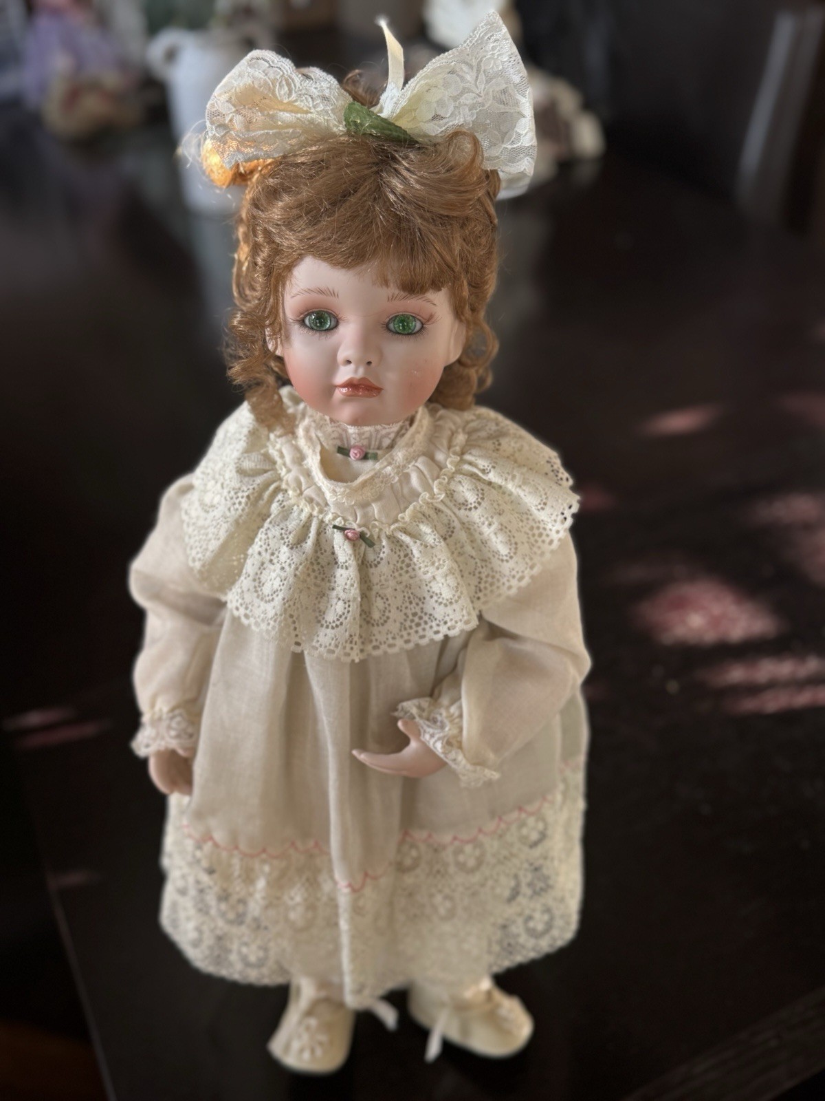 The Hamilton Collection Amelia Porcelain Doll Light Brown Curly Hair, Green eyes