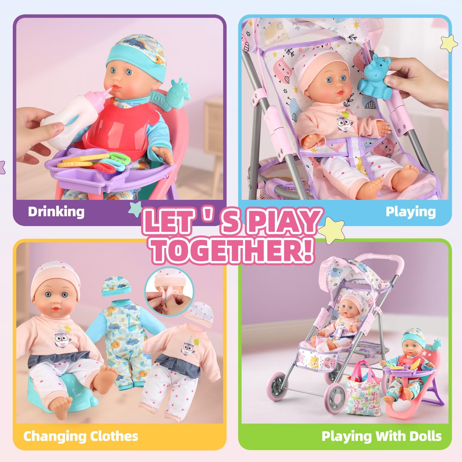 Baby Doll Stroller Play Set with 12.5″ Baby Doll,Dining Chair, 2 Sets Clothes…