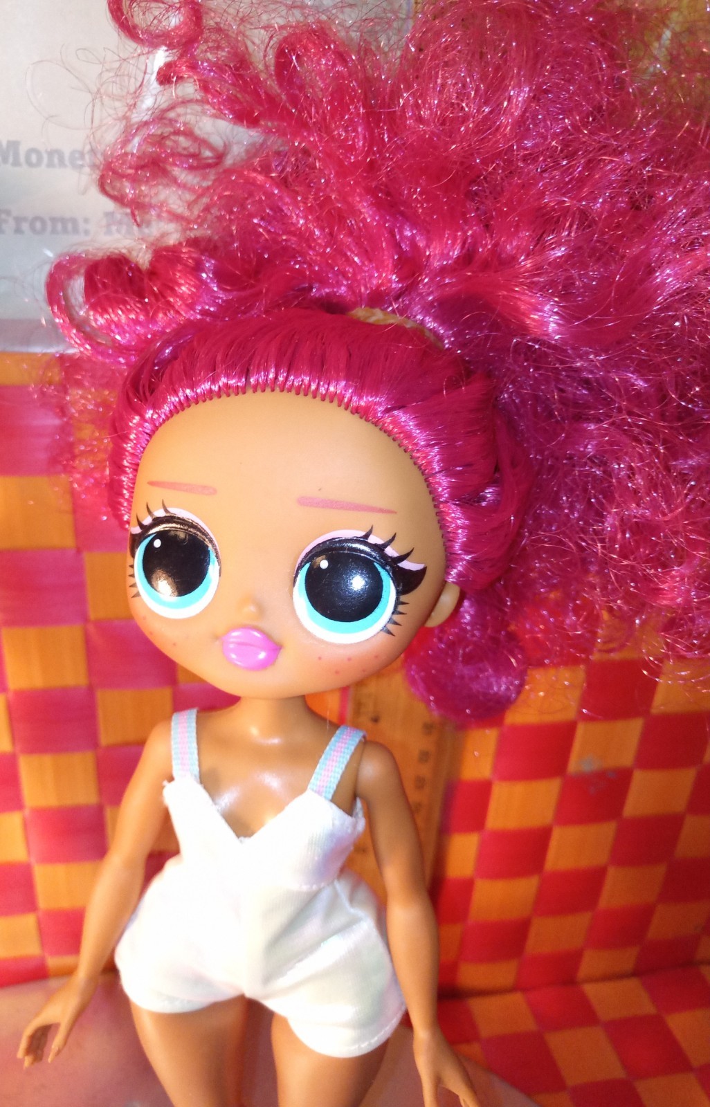 Dolls, OMG, Girl with blue hair and Girl in white outfit (UK), both 2019, 10″h b