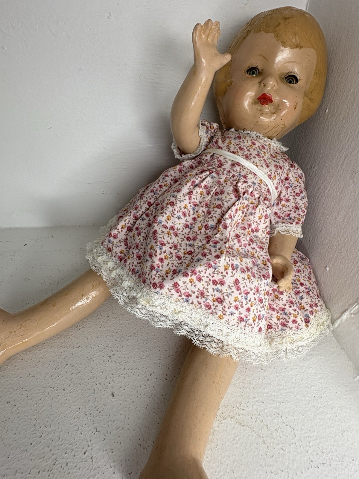 Antique 1910s Unmarked Patsy-Type Composition Doll 13” Handmade Homespun Dress