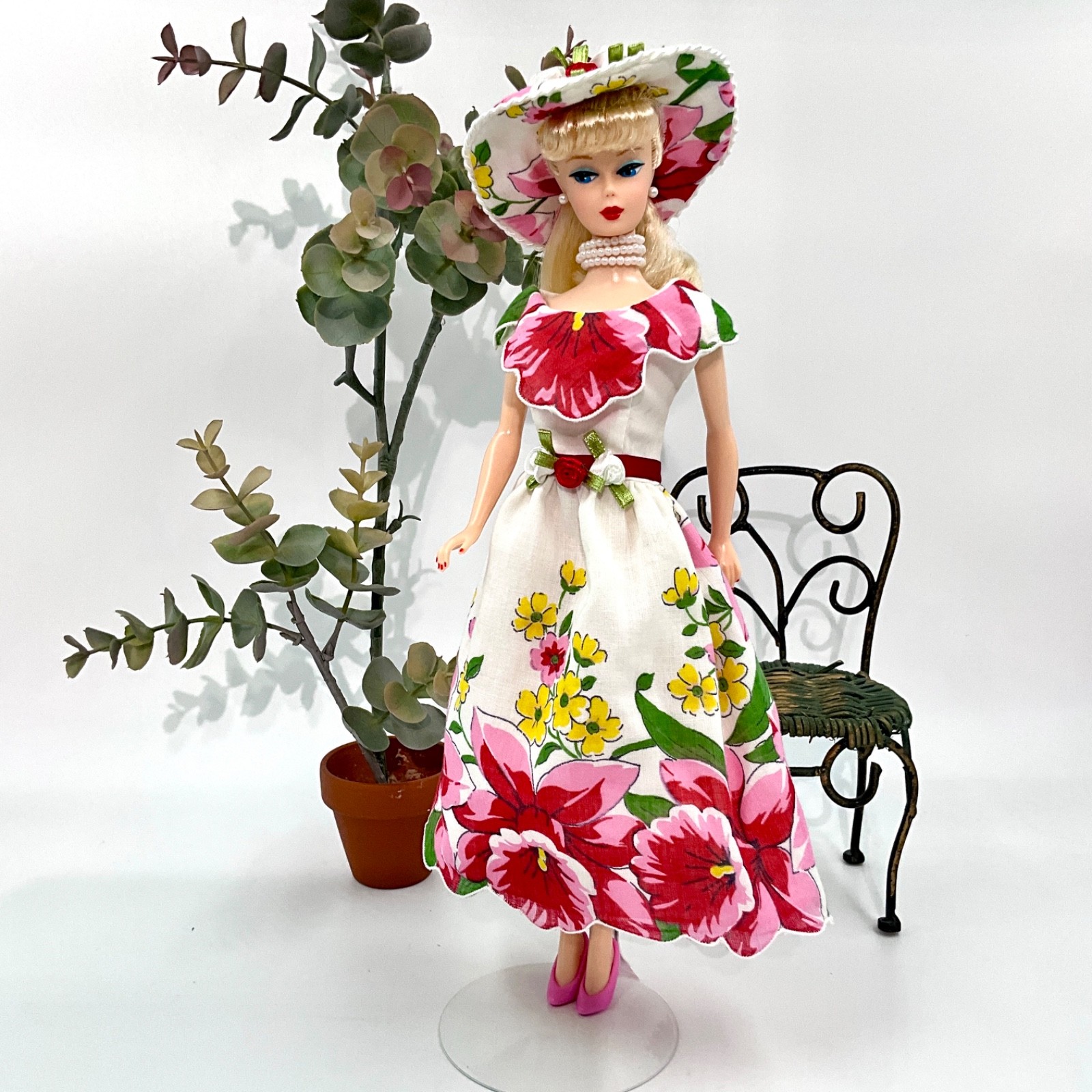 1995 Blonde Barbie DOLL In OOAK Handkerchief Dress, Hat + Jewelry Shoes, Stand