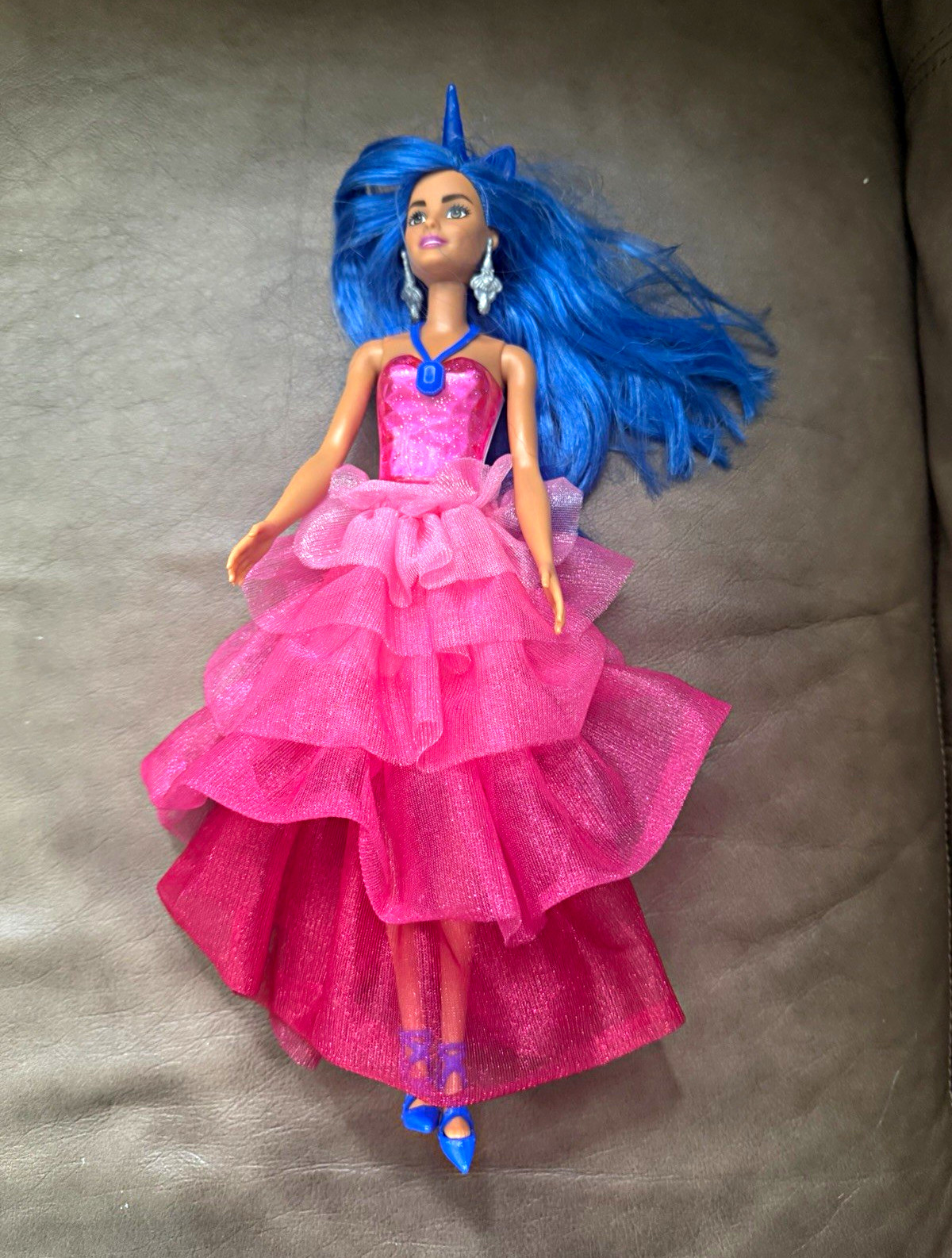 Mattel Barbie 11in Fashion Doll Blue Wavy Hair Pink Dress Earrings HRR16