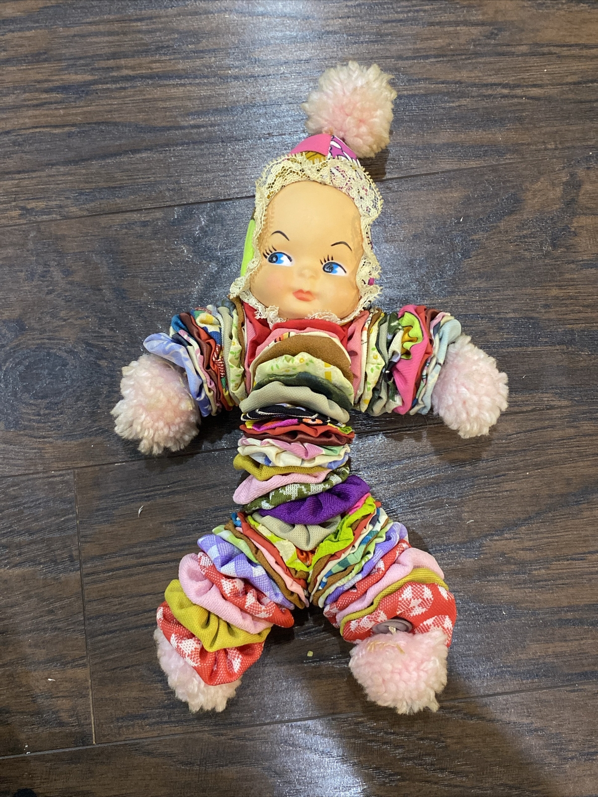 Cute Vintage YoYo Clown Doll Fabric Circles Plastic Face Pink Pom Poms